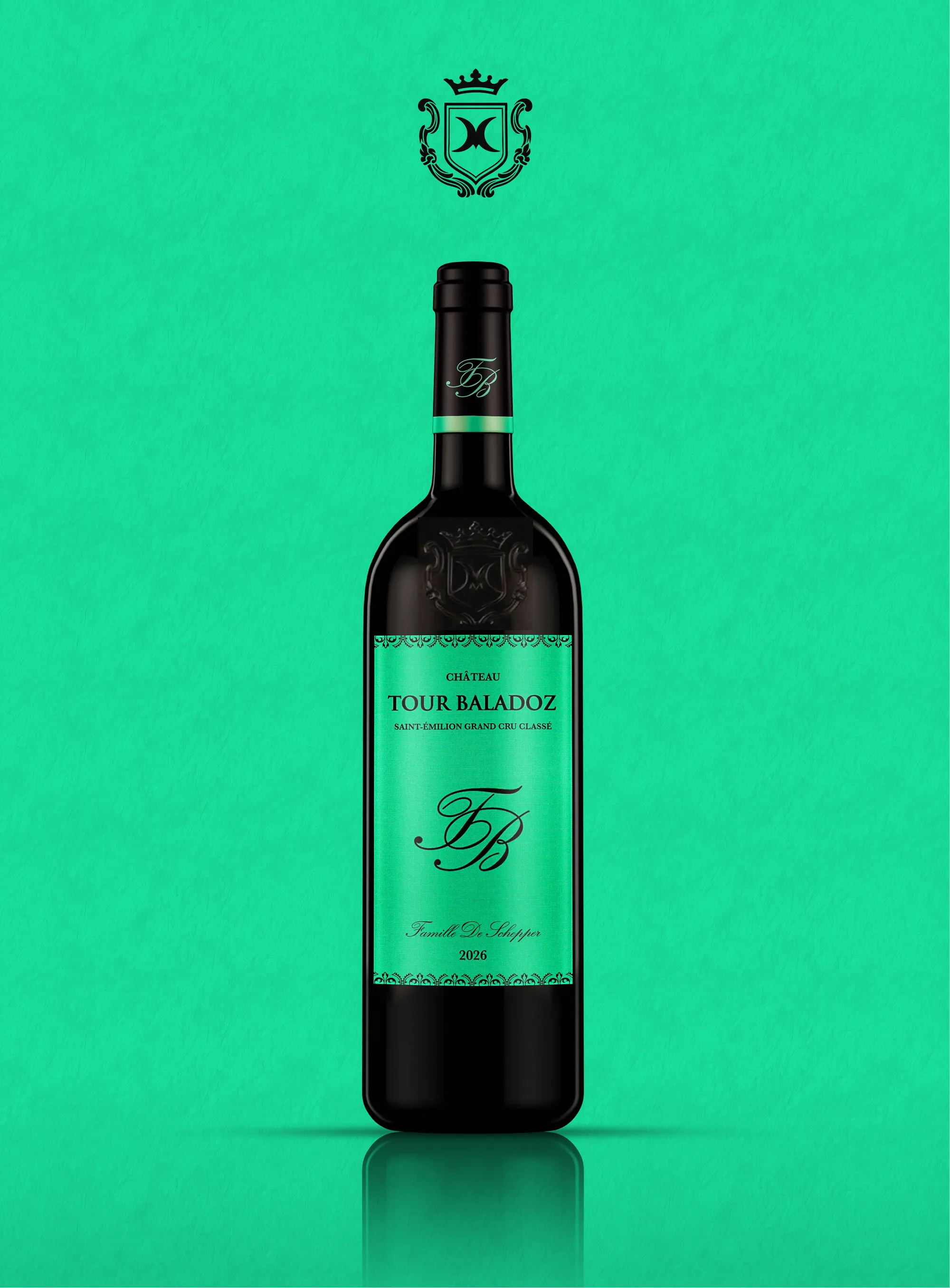 Bouteille du Château Tour Baladoz, étiquette verte sur fond vert
