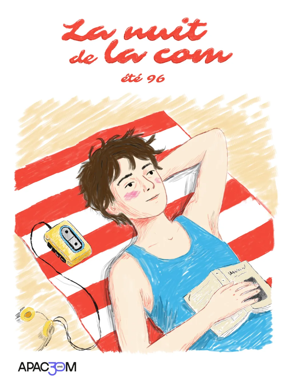 Affiche illustrée, un garçon allongé sur une serviette de plage avec un baladeur