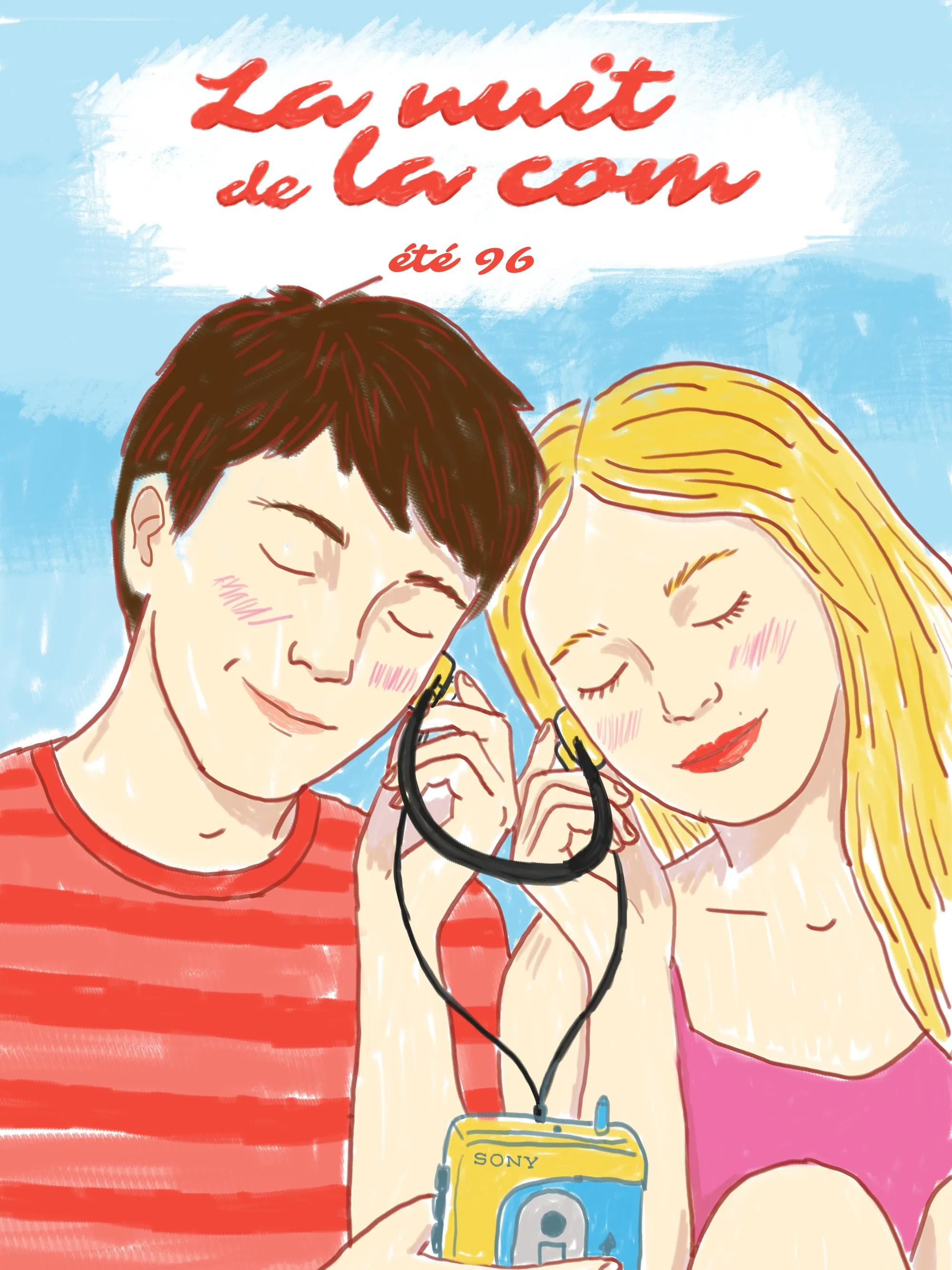 Affiche illustrée, deux adolescents partagent des écouteurs