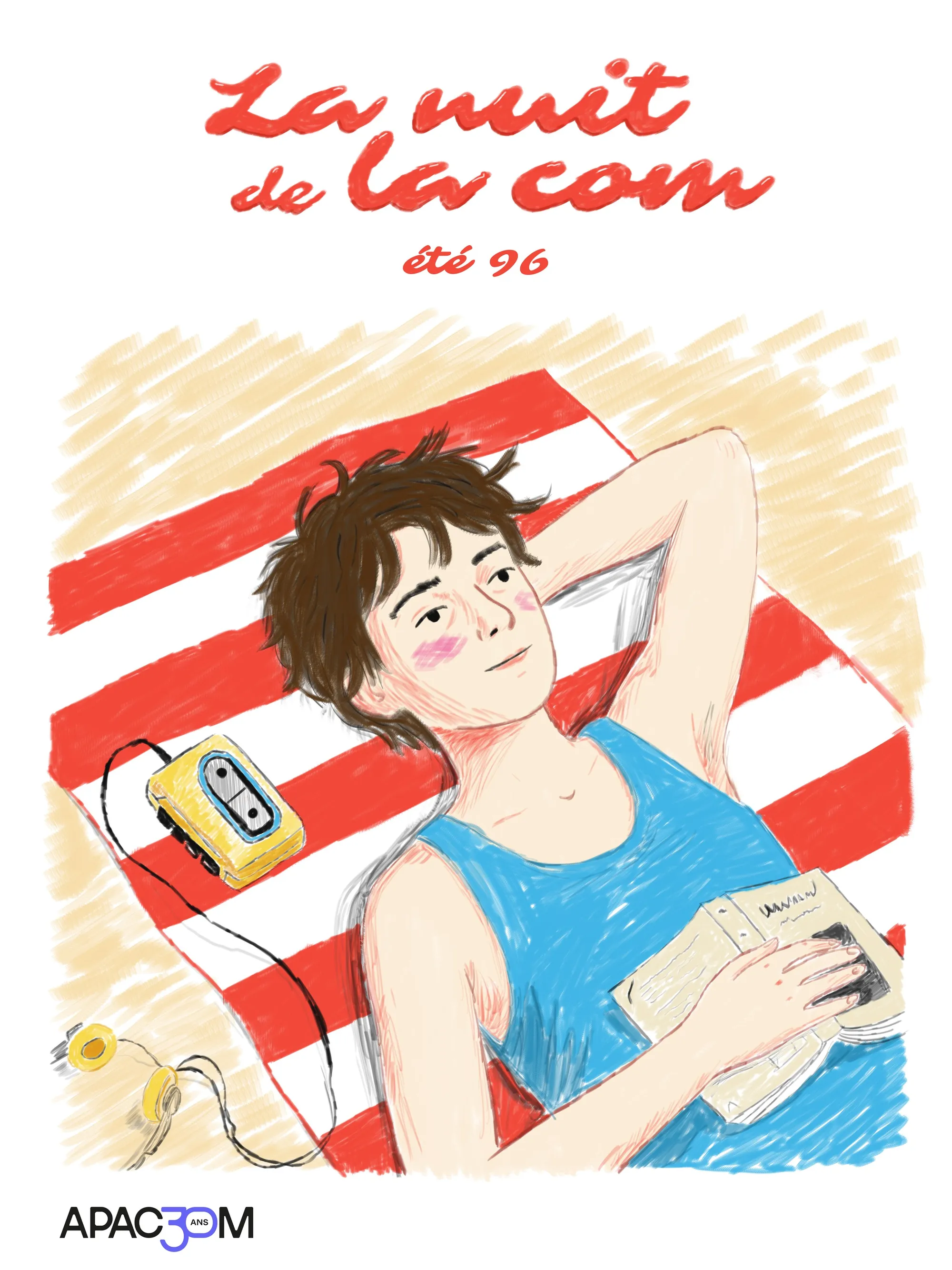 Affiche illustrée, un garçon allongé sur une serviette de plage avec un baladeur