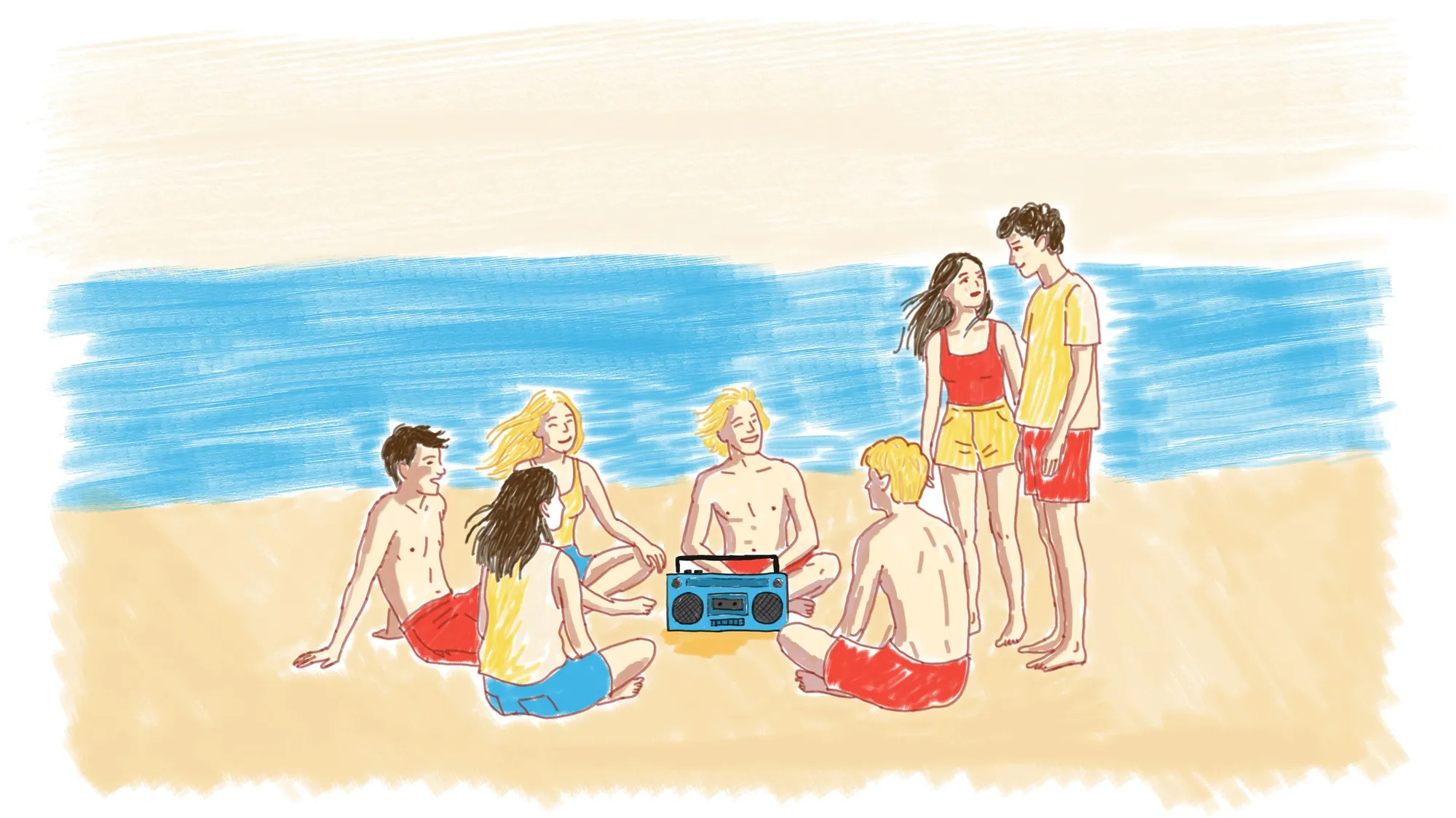 Illustration d'un groupe d'amis à la plage