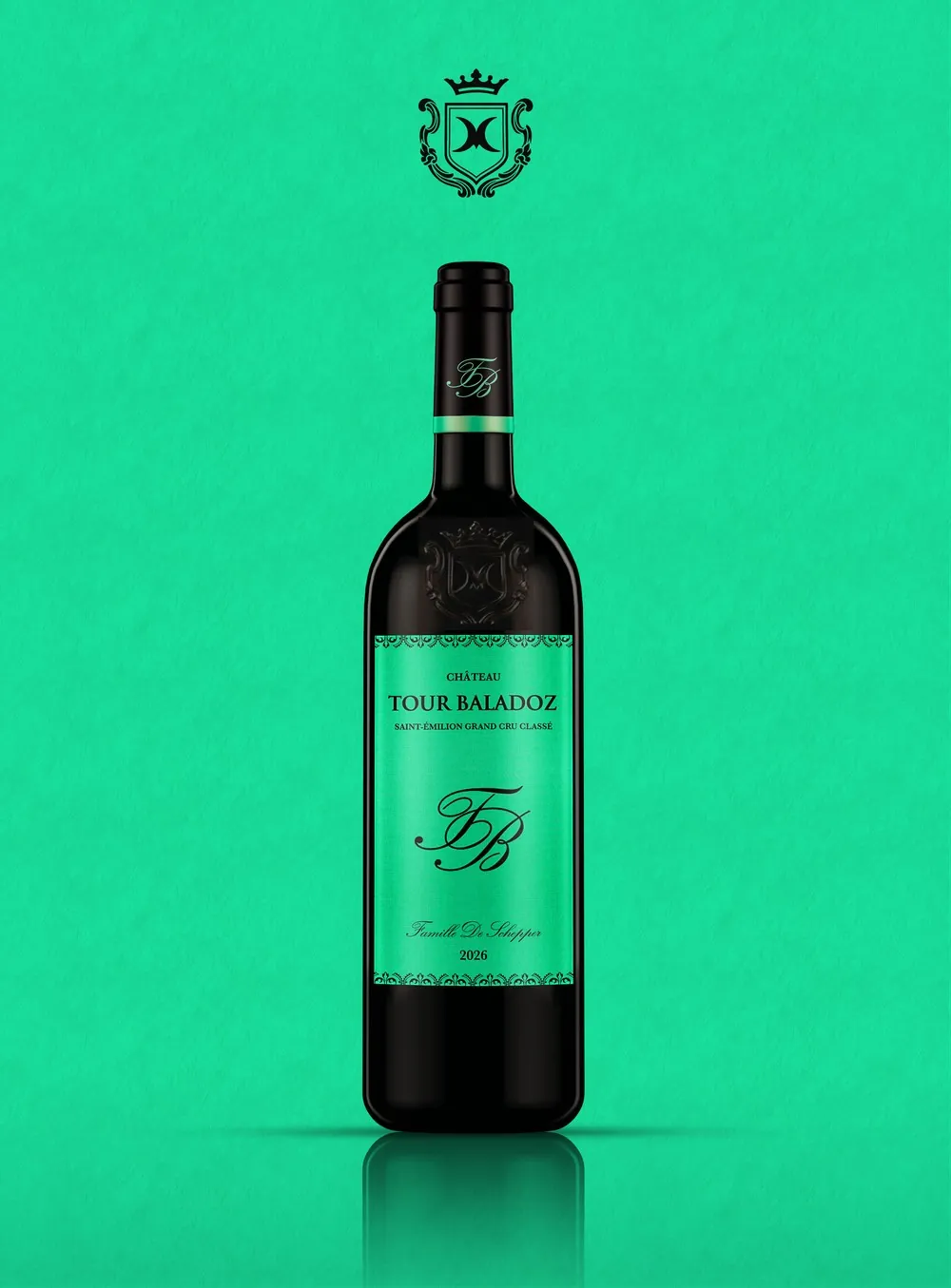 Bouteille du Château Tour Baladoz (maison De Mour), étiquette verte sur fond vert