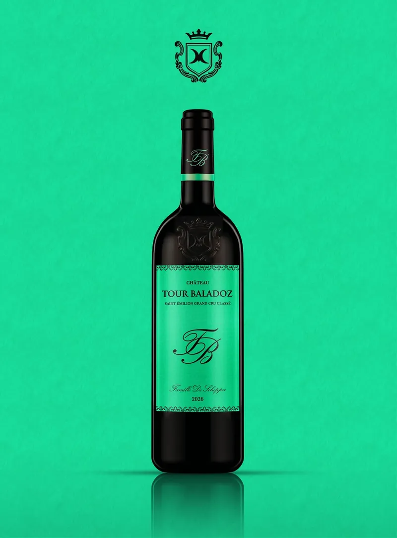 Bouteille du Château Tour Baladoz (maison De Mour), étiquette verte sur fond vert
