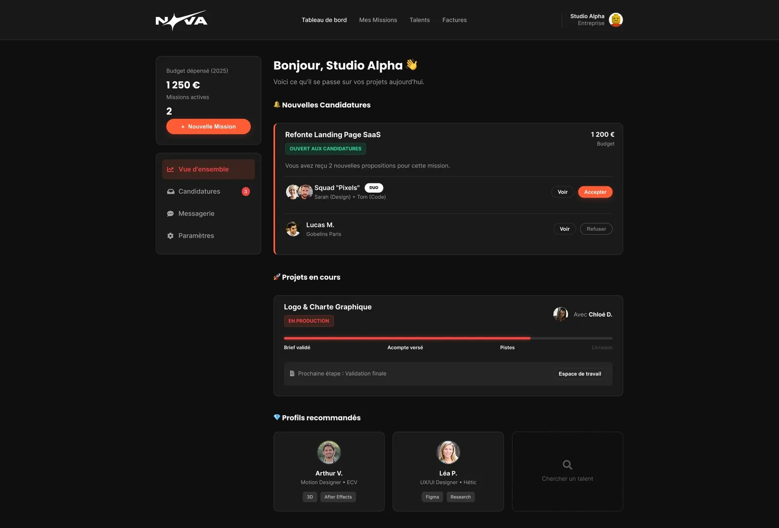 Tableau de bord sombre d’une plateforme SaaS